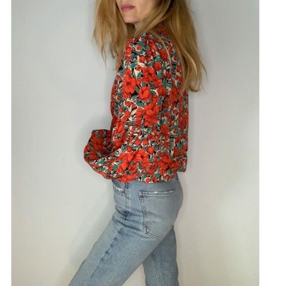 Vintage Floral Rose Cropped Puff Sleeve 70s Style Statement Party Blouse - Picture 13 of 15